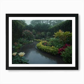 Garden On A Rainy Day Full Of Flowers Art Print