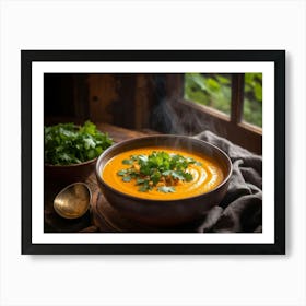 Autumn Pumpkin Curry Soup Steaming In An Earthenware Bowl Vibrant Orange Against Dark Green Lettuc (1) Art Print