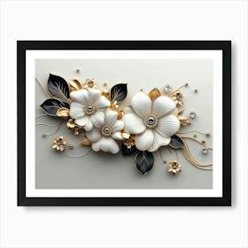 3d White Background With Golden Jewelry And Flowers Painting Art Print