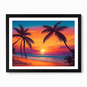 A Tranquil Beach At Sunset Horizontal Illustration 55 Art Print