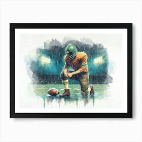 Football Player In The Rain Retro Watercolor 1 Art Print
