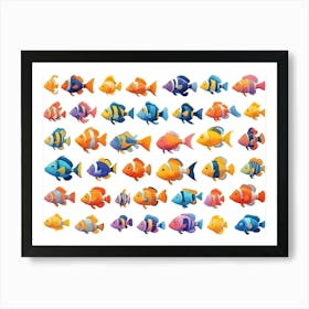 Collection Of Colorful Cartoon Style Fish, Isolated On White 2 Art Print