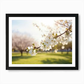 Blooming Pear Tree In Spring Close Up Shot Focusing On Delicate White Blossoms Against A Soft Hued (6) Art Print