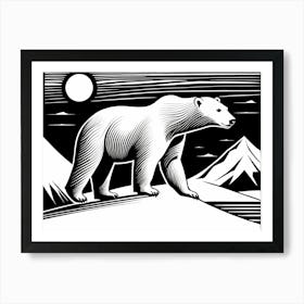 Polar Bear Cavorting In The Arctic Expanse Linocut Art, animal art, 170 Art Print
