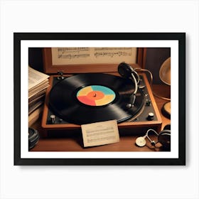 A Vintage Record Player With A Black Vinyl Record Spinning, Headphones, A Stack Of Sheet Music, And A Vintage Lamp On A Wooden Table Art Print