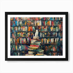 White Cat In The Library - Standing On A Rack Of Books Art Print