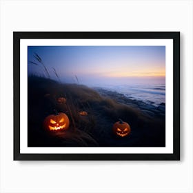 Jack O Lanterns With Eerie Glows Emanating A Soft Light Scattered Along A Desolate Shoreline Early (3) Art Print