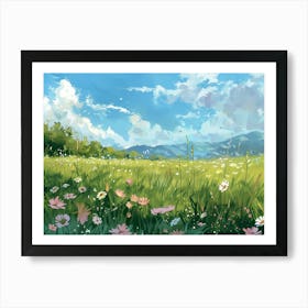 Grassy Landscape With Flowers Art Print