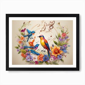 Pretty Singing Birds In A Flowers And Music Symbols Decoration - Color Illustration On White Background Art Print