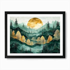 3d Abstract Depiction Of A Dark Green And Golden Forest Affiche