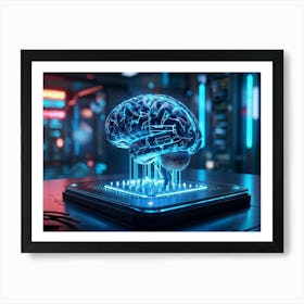 Cybernetic Brain Computer Interface Glowing With Neon Circuitry Entwined With Holographic Digital S (7) Art Print