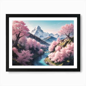 Cherry Blossom with Mountain River and Alps view #4 - Oil Painting Art Print