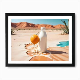 3d Illustration Of A Bottle Of Milk And An Orange Spilling Onto A Sandy Desert Landscape With A Splash Of White Liquid Art Print