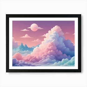 Abstract Image Of A Landscape Of Clouds In Shades Of Pink, Purple, And Blue, With A Large Moon In The Sky Art Print