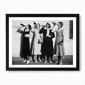 Women Drinking Beer, Vintage Black and White Old Photo, Bar Wall Decor Art Print