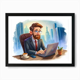 Businessman Working On A Laptop In An Office With A City View Art Print