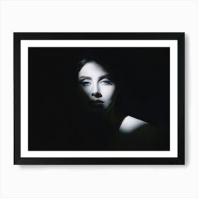 Portrait Of An Enigmatic Face Caught Halfway Between Light And Shadow One Side Fully Illuminated Re Art Print