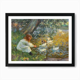 Playmates 1901 by Dorothea Sharp (Little Girl Feeding the Ducks) An impressionist style oil painting depicting two girls feeding ducks by a sunlit lake. Known for her vibrant use of color and light, Sharp captures a carefree, nostalgic moment. First shown at the Royal Academy, the original is now in a private collection. Art Print