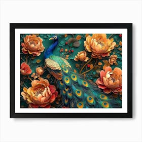 Bright Color Floral with Exotic Oriental Pattern Flowers and Peacocks 2 Art Print