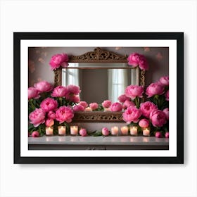 A Beautiful Arrangement Of Pink Peonies And Candles Around A Gilded Mirror, Creating A Romantic And Elegant Setting, Perfect For Special Events Art Print