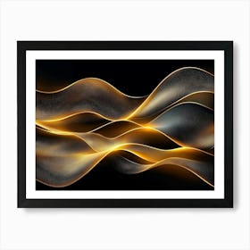 Modern Art Golden Lines Waves, Circles In Dark Background Art Print