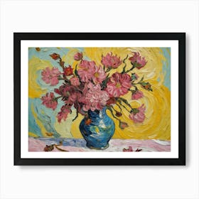 A Painting Of Pink Flowers In A Blue Vase Art Print