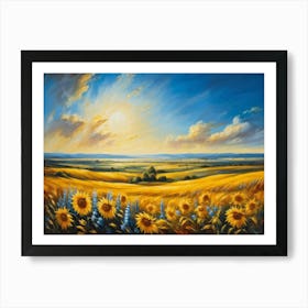 A Sun Drenched Pastoral Scene Unfolds Featuring Towering Sunflowers Reaching For The Bright Golden (1) Art Print