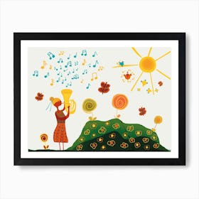 Woman Plays Tuba On Summer Meadow With Birds and Butterflies Kids Art Print 1 Art Print