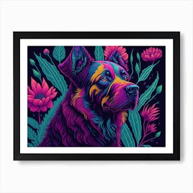 Colorful Floral Neon Dog Painting (1) Art Print