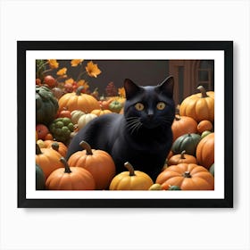 Black Cat Sitting In A Pile Of Pumpkins With Autumn Leaves Art Print