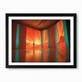 Abstract Digital Image Of A Room With Four Large Screens Displaying A Fiery, Orange Sunset Over A Mountain Range, Creating A Dramatic And Futuristic Atmosphere Art Print