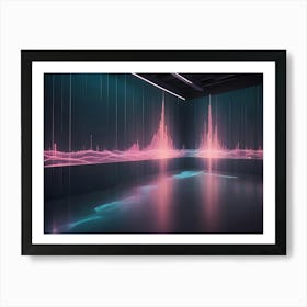 Abstract Digital Image Of A Futuristic Room With A Wall Displaying A Glowing Pink And Blue Waveform Representing Data Or Sound Waves Art Print