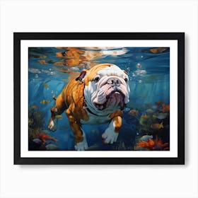 English Bulldog Dog Swimming In The Sea Art Print