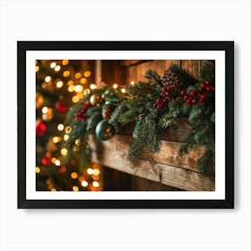 Extreme Close Up Of A Rustic Wooden Shelf Adorned With Holiday Wreaths Garland Intertwined With Spa Art Print