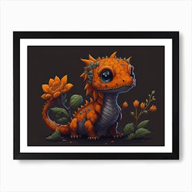 Floral Cute Baby Orange Dragon (1) Art Print