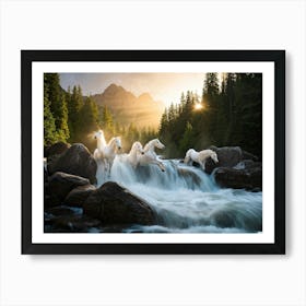 Transparent Four Water Horses Emerging From A Wild Stream With A Towering Wave Of Spray Capturing M Art Print