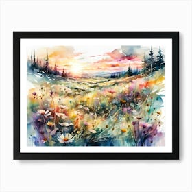 Watercolor Painting Landscape Flowers Trees Art Print