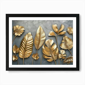 Gold Floral Plants and Palm Leaves. 3D Abstract Tropical Leaves, Banana Leaves Art Print