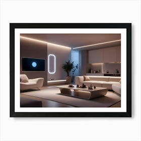 A Modern Living Room Interior With A White Sofa, A Coffee Table, And A Large Tv Screen Displaying A Smart Home Interface 1 Art Print