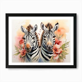 Elegant Zebras Floral Watercolor Art Print