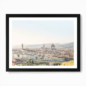 Florence, Italy I Pastel panorama photography of the city on the Duomo Santa Maria by the sunset light in summer vintage aesthetic with views of Tuscany countryside, cypress trees, the Arno river and mountains Art Print