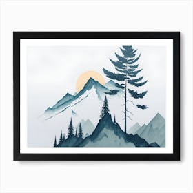 Mountain And Forest In Minimalist Watercolor Horizontal Composition 361 Art Print