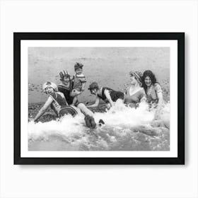 Women Having Fun At The Beach, Black and White Vintage Old Photo Art Print