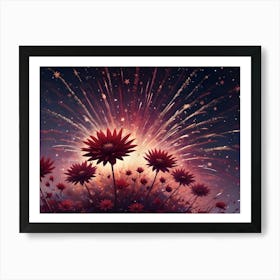 A Fantasy Scene Of Red Flowers Against A Dark Blue Background With Stars And Fireworks Art Print