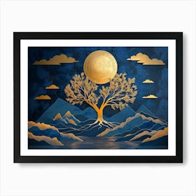 3d Modern Art With Dark Blue And Golden Wave Background 3 Art Print