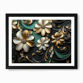 Luxury Floral Seamless With Flowers Elegant Leather Texture Illustration Background In Golden, Green, White 2 Art Print