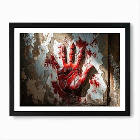 Creepy Textured Bloody Handprint Smudged On An Old Worn Wall Contrasting Against The Peeling Pale (6) Art Print