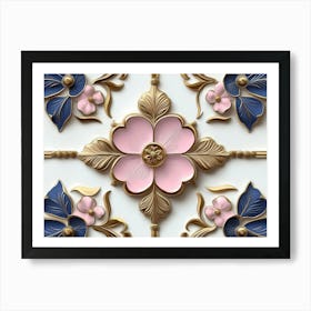 Seamless Sculpture Retro Pattern Curve Cross Pink Flower Leaf Gold Poster