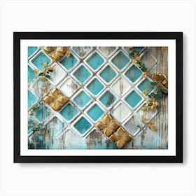 Turquoise golden floral oak background framed by white lattice tiles Art Print