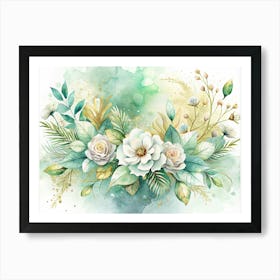 Watercolor Painting Of A White Flower Bouquet With Green And Gold Foliage Art Print